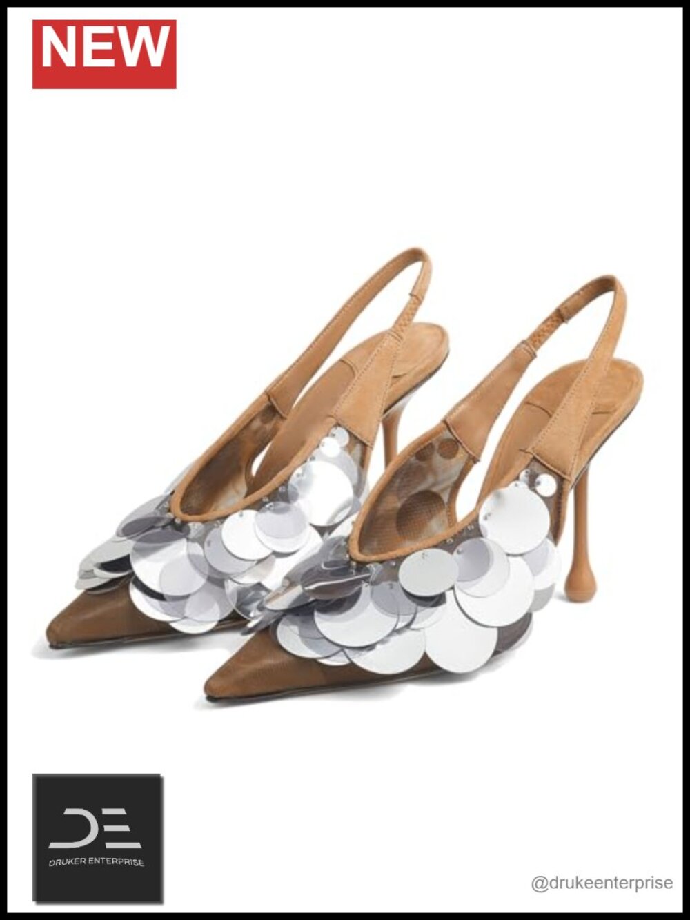 Sequin Embellished Slingback Stiletto Heels Closed Pointed Toe Mesh Pumps Slip